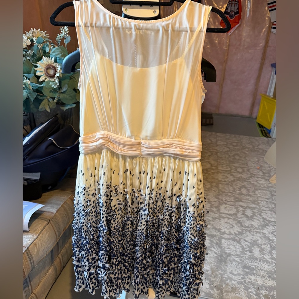 Pleated Cream Midi Dress with Navy Ombre Detail